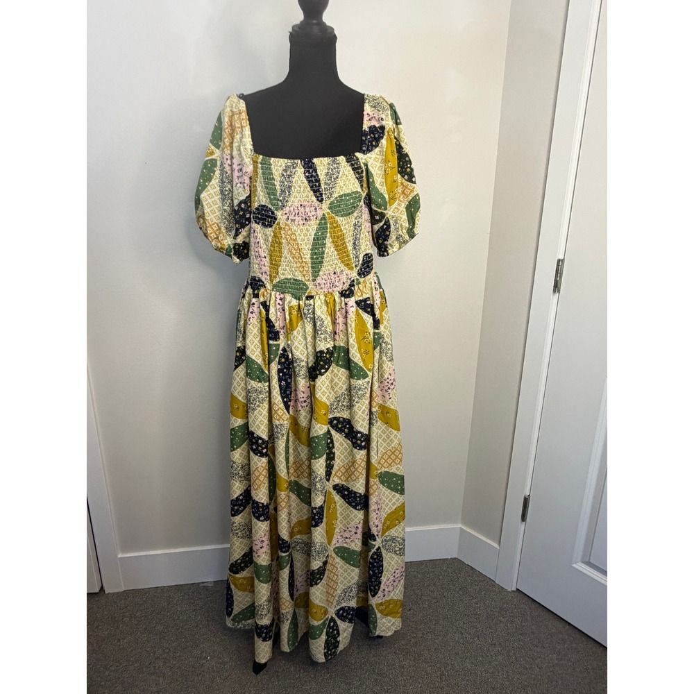 Truly 4 You Patchwork Floral Smocked Maxi Dress XL Yellow Green Puff Sleeve Boho